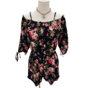 Womens Navy Blue Floral Romper Shorts Size M‎ Cottagecore Boho Off The Shoulder